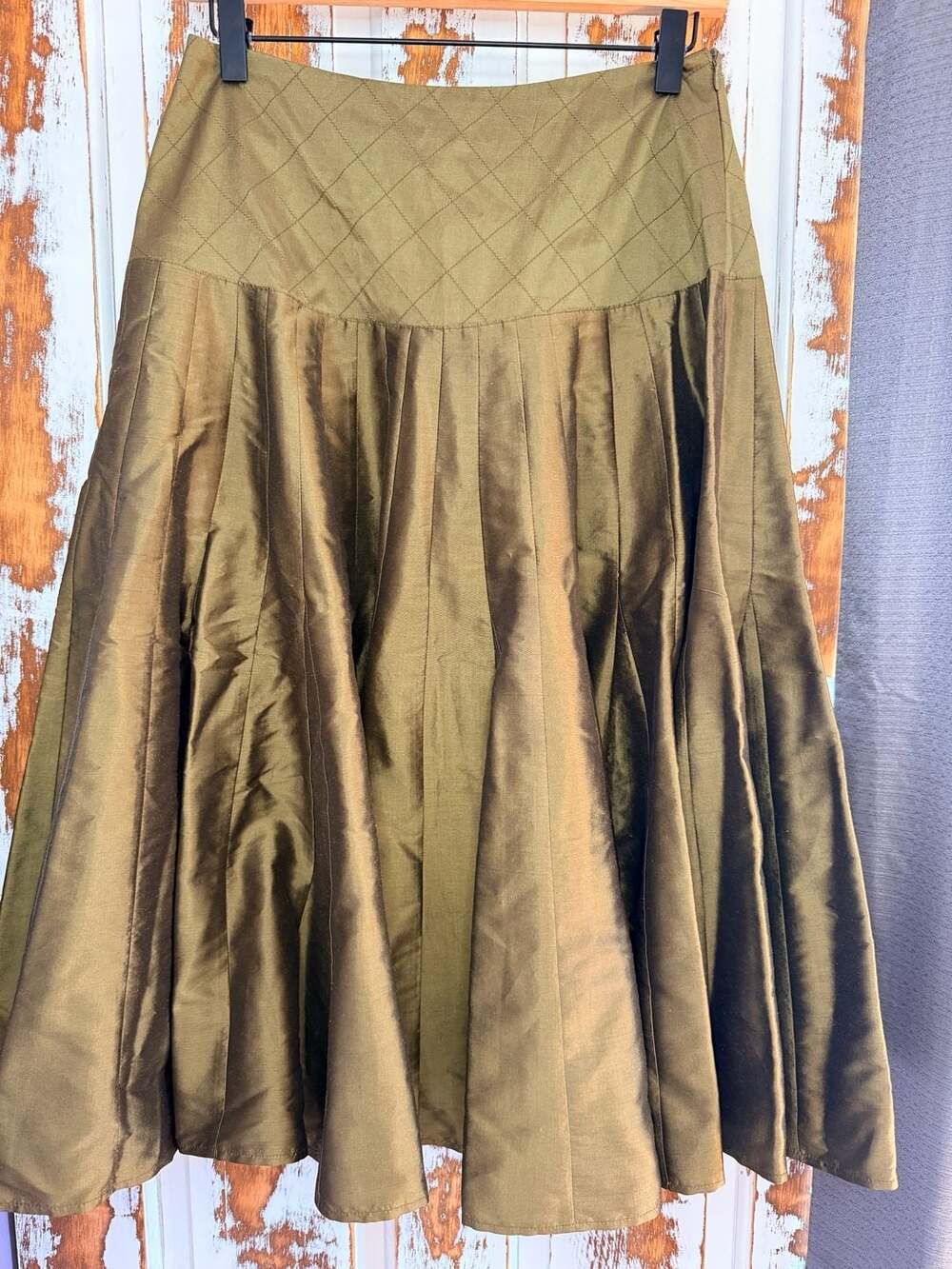 Zaya Handmade 100% Thai Silk Pleated Midi Skirt Olive Green Size Medium